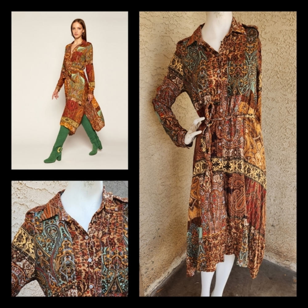 DESIGUAL METALLIC PATCHWORK SHIRT DRESS IN AUTUMN COLOURS